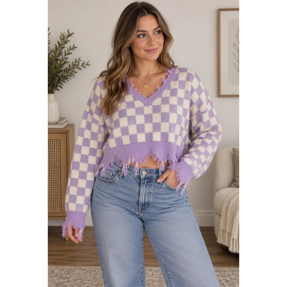 Just Polly New York Purple White Checkered Distressed Frayed V-Neck Sweater L